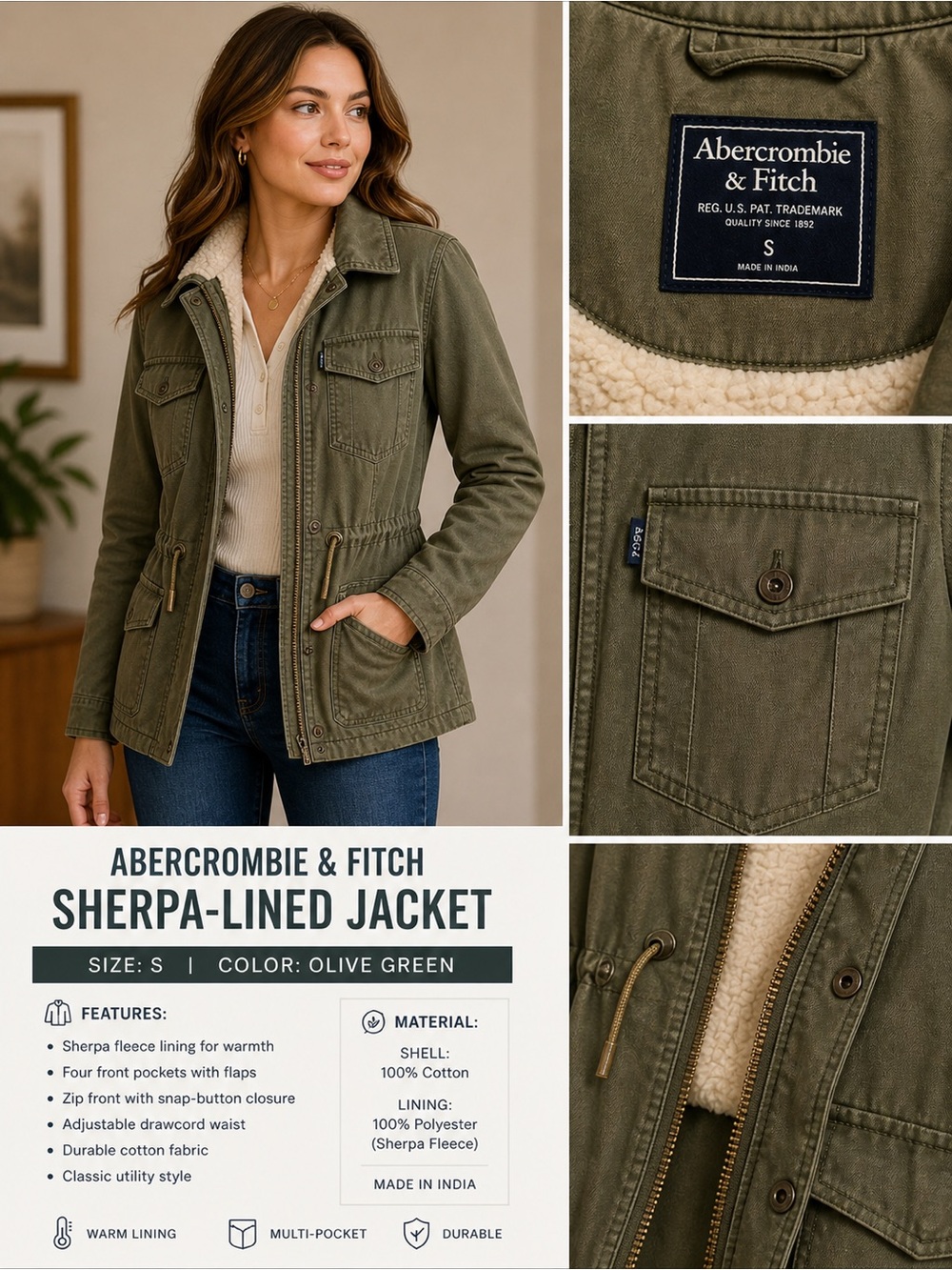 Abercrombie & Fitch Olive Green Sherpa-Lined Utility Jacket size Small